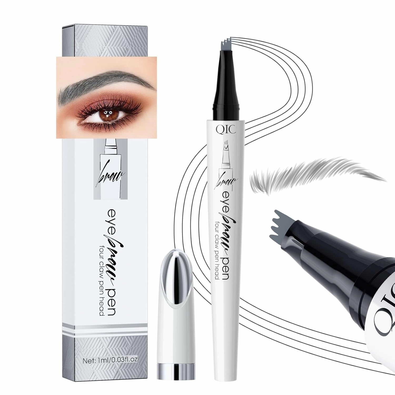 Q709 Brow Master – 4-Way Waterproof Eyebrow Pen for Effortless Brows (3#Grey)