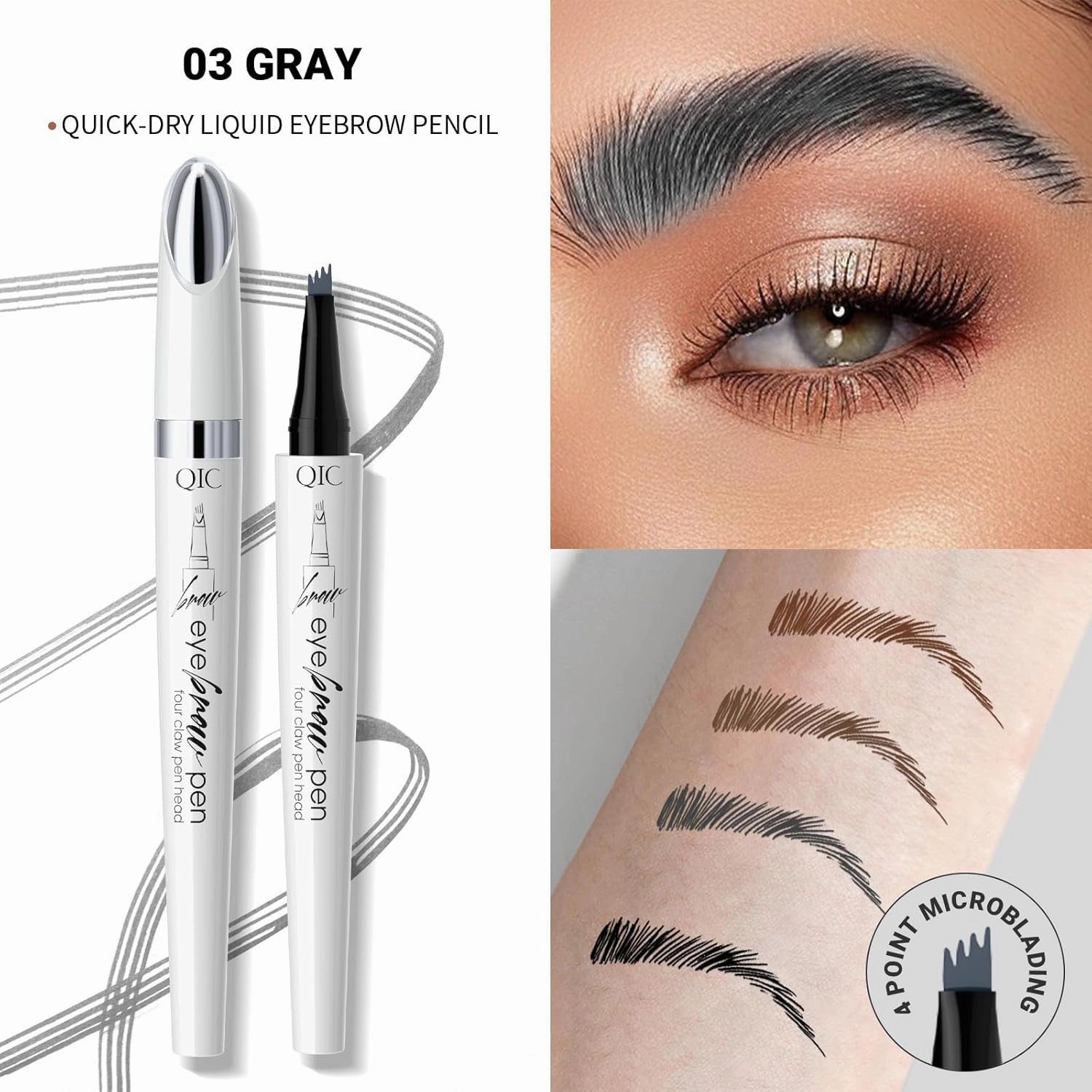 Q709 Brow Master – 4-Way Waterproof Eyebrow Pen for Effortless Brows (3#Grey)