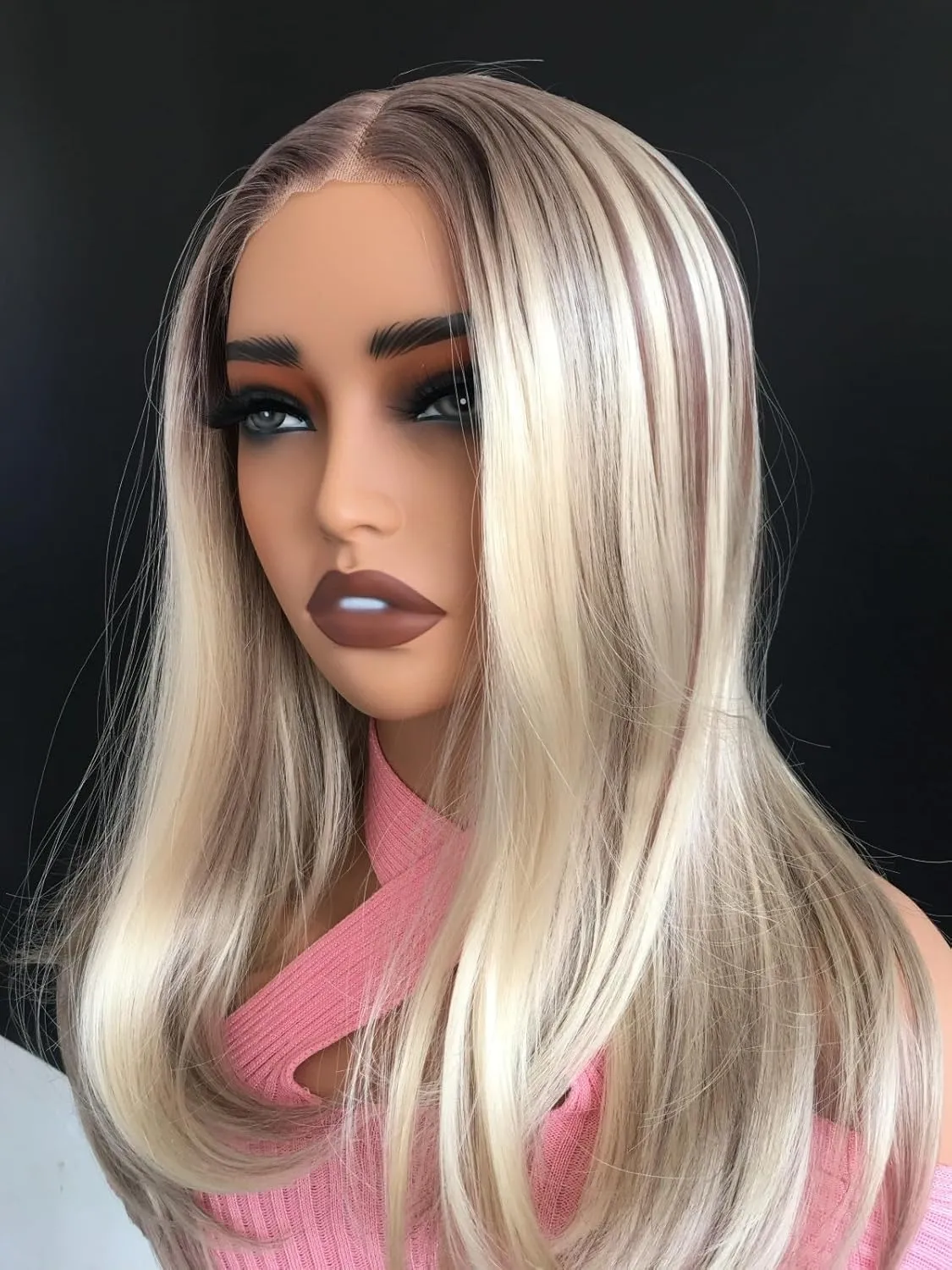 QDBOWIN 18" Wear Go Glueless Highlight Brown Lace Front Wig Natural Straight Glueless Ombre Brown Mixed Blonde Synthetic Wigs