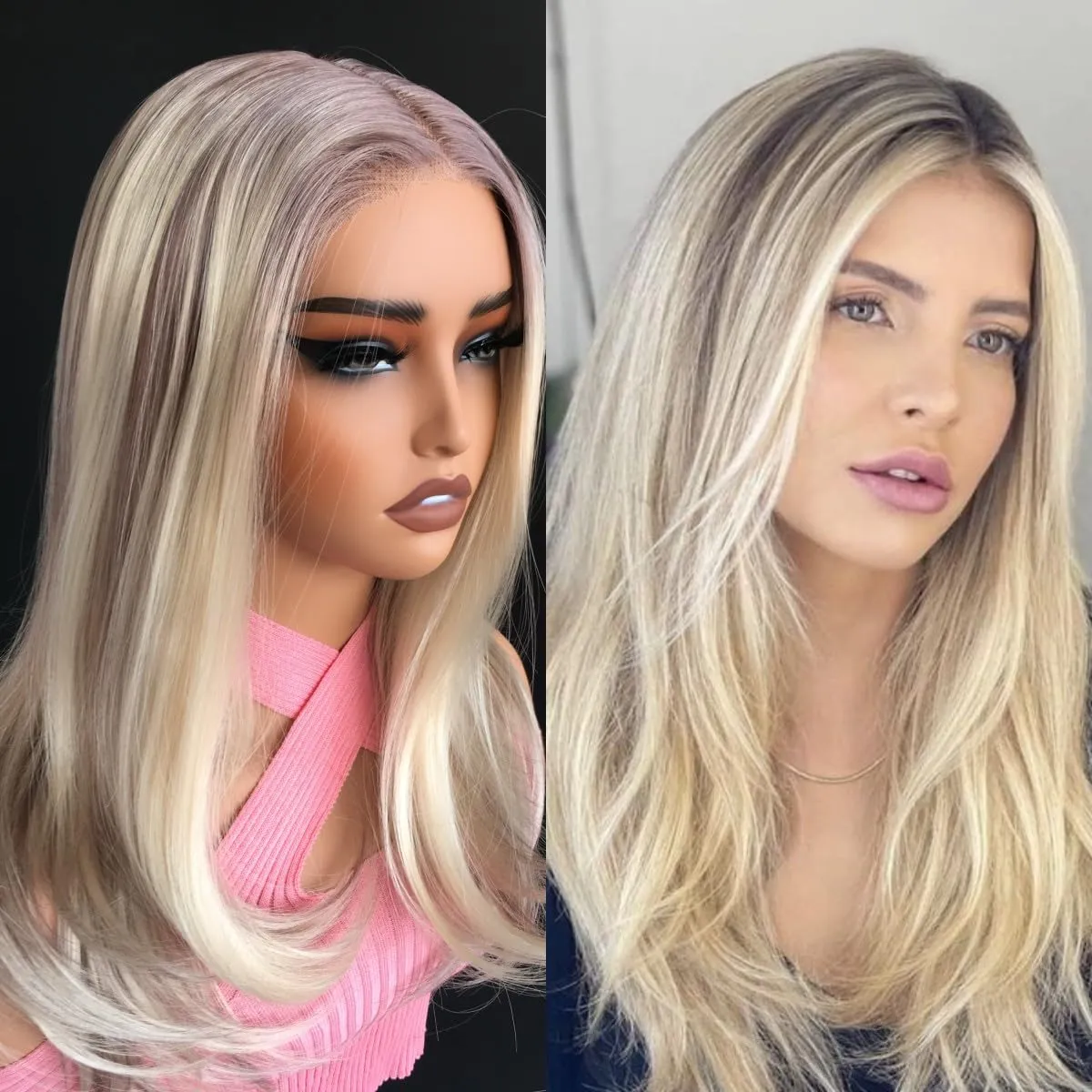 QDBOWIN 18" Wear Go Glueless Highlight Brown Lace Front Wig Natural Straight Glueless Ombre Brown Mixed Blonde Synthetic Wigs