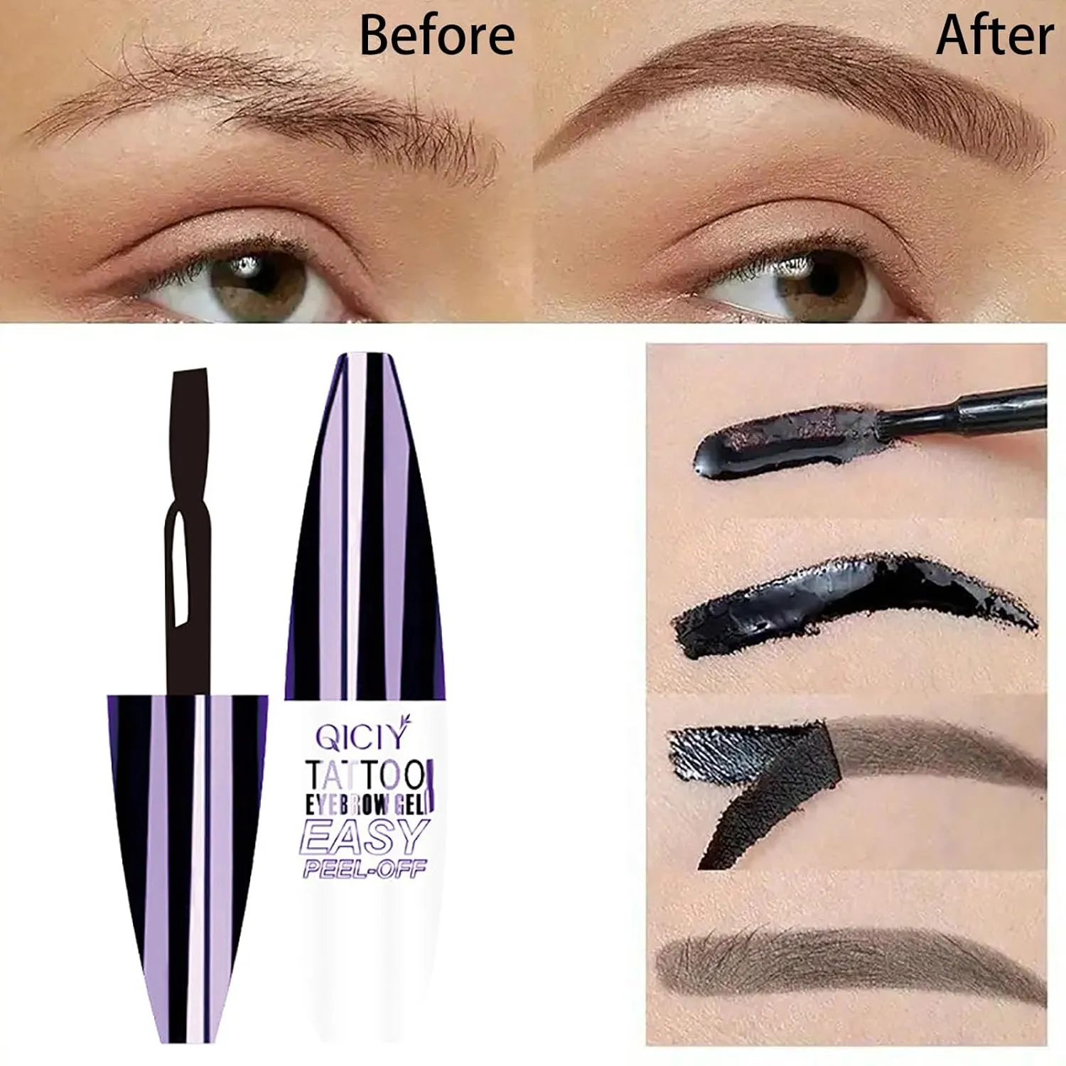 Qiciy Tattoo Eyebrow Gel Easy Peel Off, Easy Peel-Off Eyebrow Gels - Waterproof & Sweatproof for All Skin Types, Temporary Eyebrow-Gel, Long Lasting, Built in Brush (Black #3(2pcs))