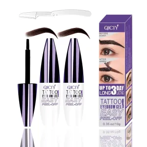 Qiciy Tattoo Eyebrow Gel Easy Peel Off, Easy Peel-Off Eyebrow Gels - Waterproof & Sweatproof for All Skin Types, Temporary Eyebrow-Gel, Long Lasting, Built in Brush (Black #3(2pcs))