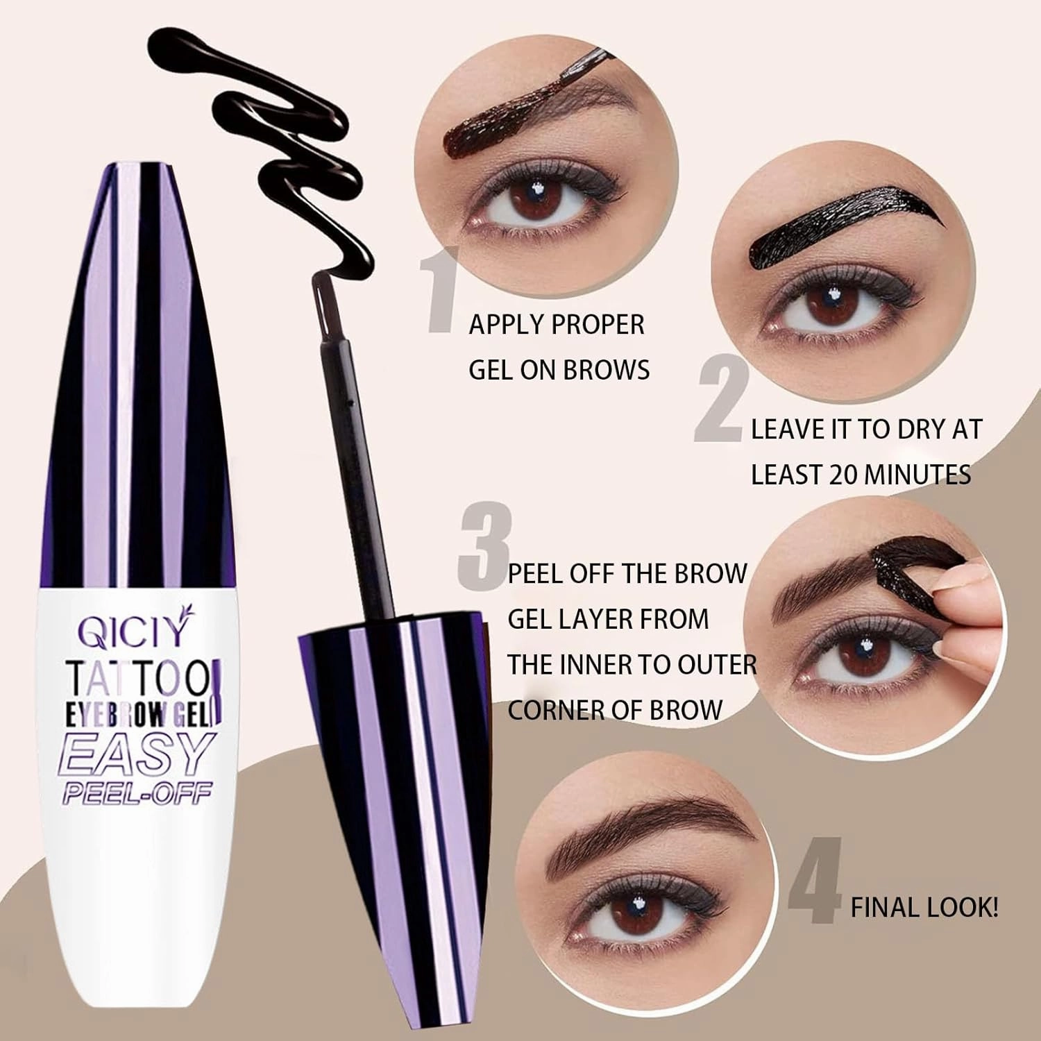 Qiciy Tattoo Eyebrow Gel Easy Peel Off, Easy Peel-Off Eyebrow Gel- Waterproof & Sweatproof, Create Clear and Thick Eyebrows, Gentle for All Skin Types (Brown #1(Q2))