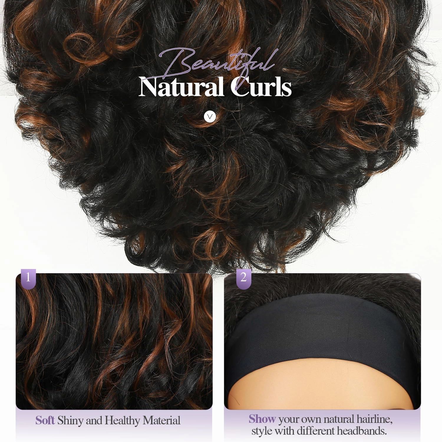 Quantum Love Yaki Curly Headband Wigs for Black Women Kinky Straight Ombre Brown Headband Curly Ends Synthetic Wear and Go Glueless half Wig with Headbands Attached
