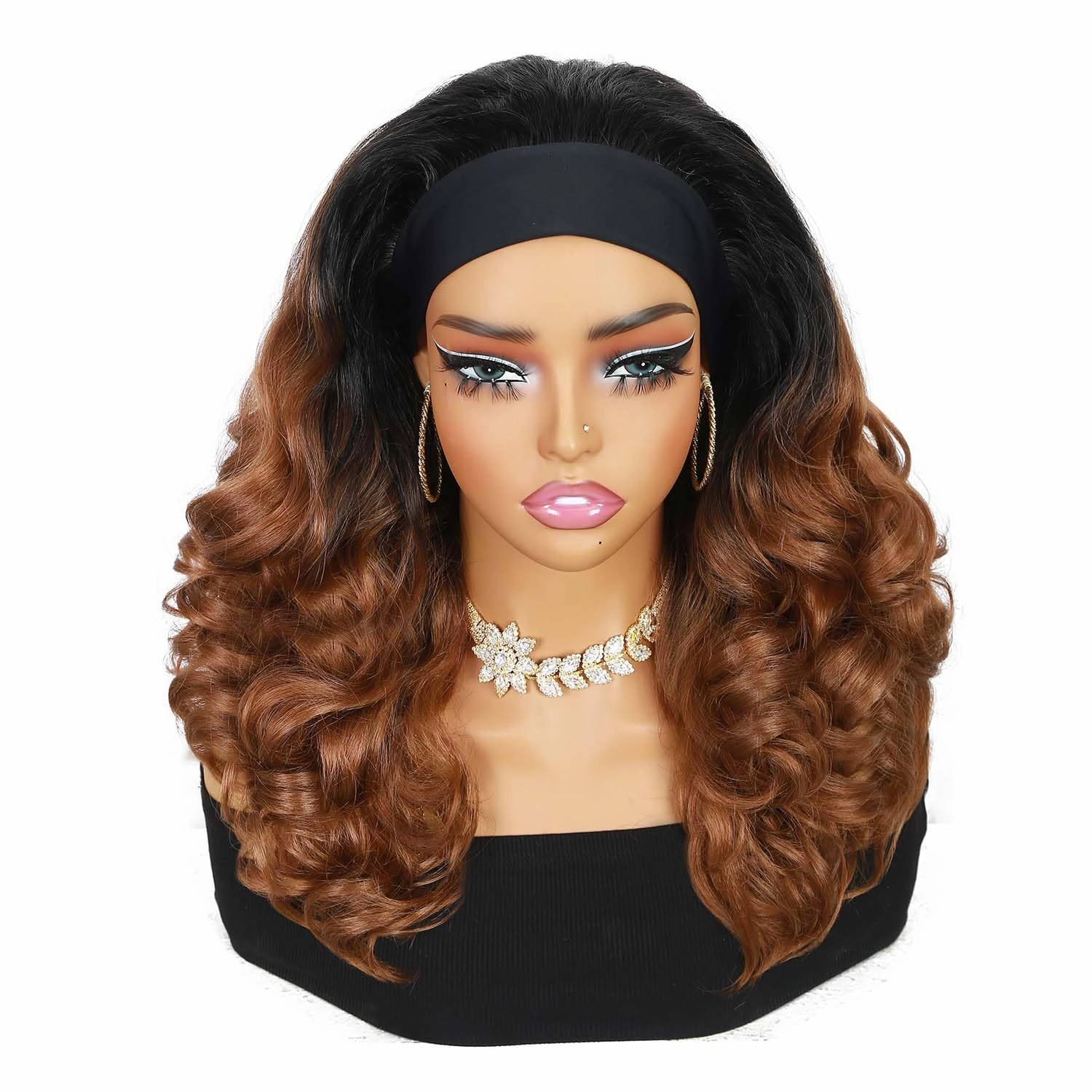 Quantum Love Yaki Curly Headband Wigs for Black Women Kinky Straight Ombre Brown Headband Curly Ends Synthetic Wear and Go Glueless half Wig with Headbands Attached