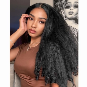 Quantum Love Yaki Curly V Part Wigs for Black Women Kinky Straifht Full Wig with Bouncy Curls 26Inch Soft Afro Curly Full Machine Synthetic Glueless Wigs for Women