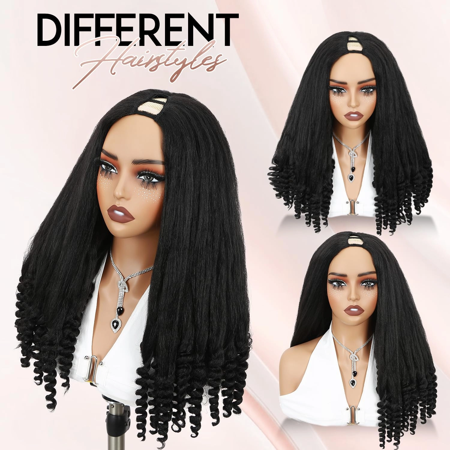 Quantum Love Yaki Curly V Part Wigs for Black Women Kinky Straifht Full Wig with Bouncy Curls 26Inch Soft Afro Curly Full Machine Synthetic Glueless Wigs for Women