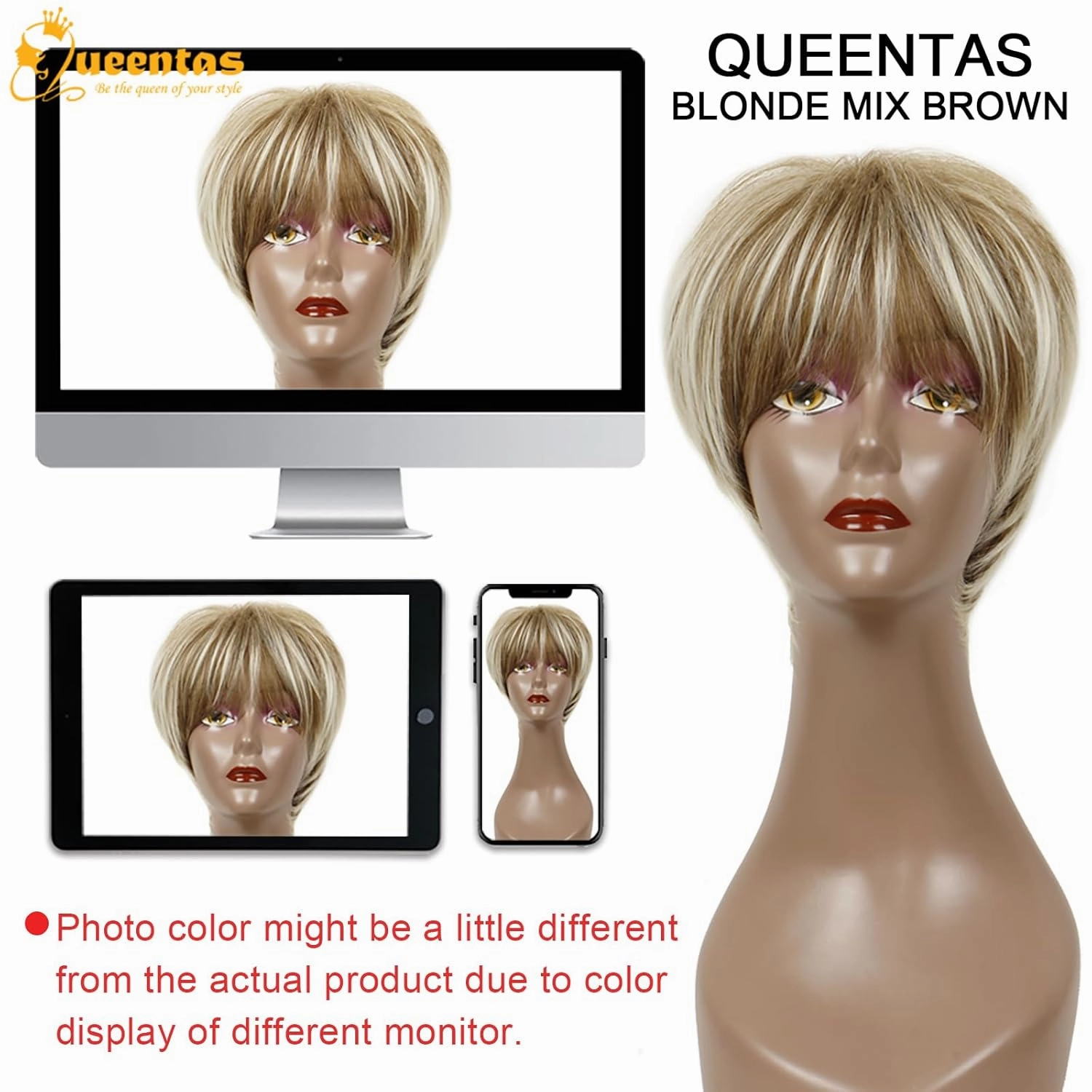 QUEENTAS Pixie Layered Short Blonde Wigs for White Women Black Women Synthetic Hair (Blonde Mixed Brown)