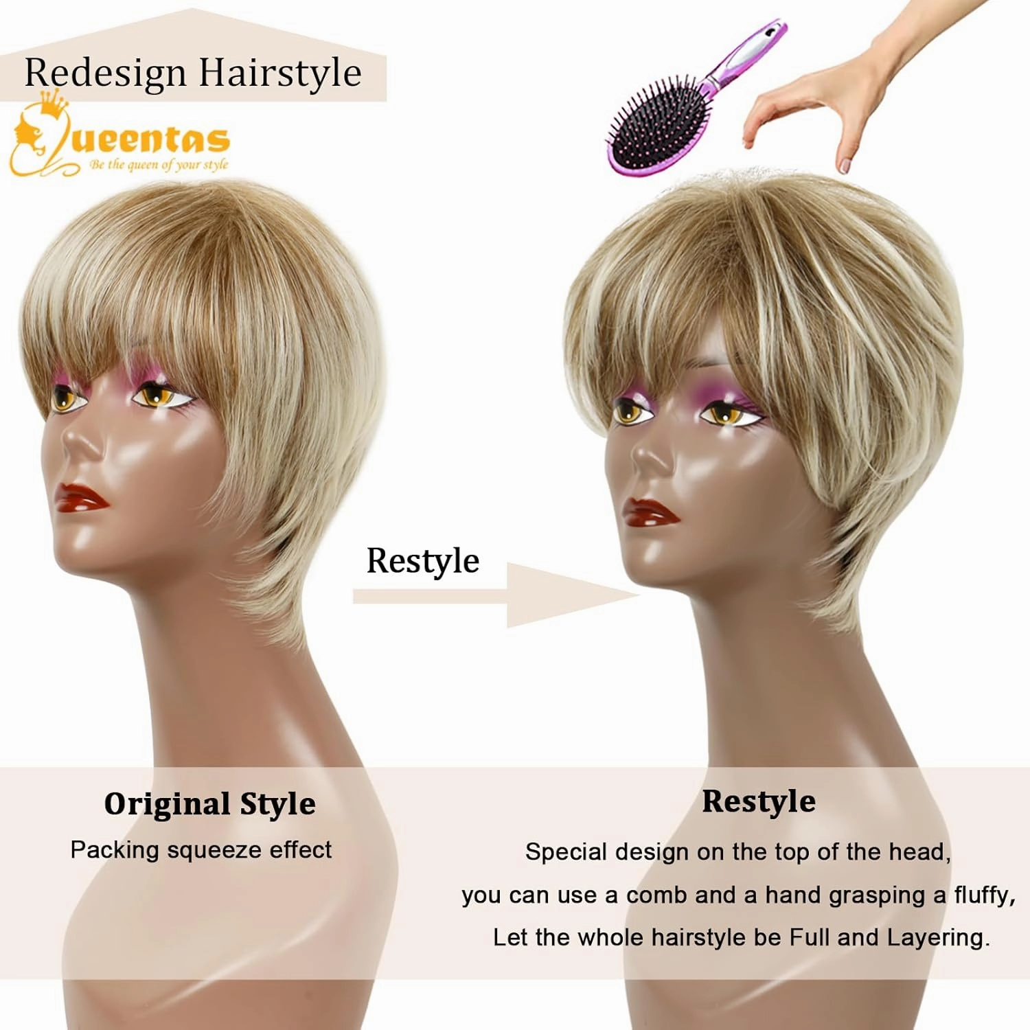 QUEENTAS Pixie Layered Short Blonde Wigs for White Women Black Women Synthetic Hair (Blonde Mixed Brown)
