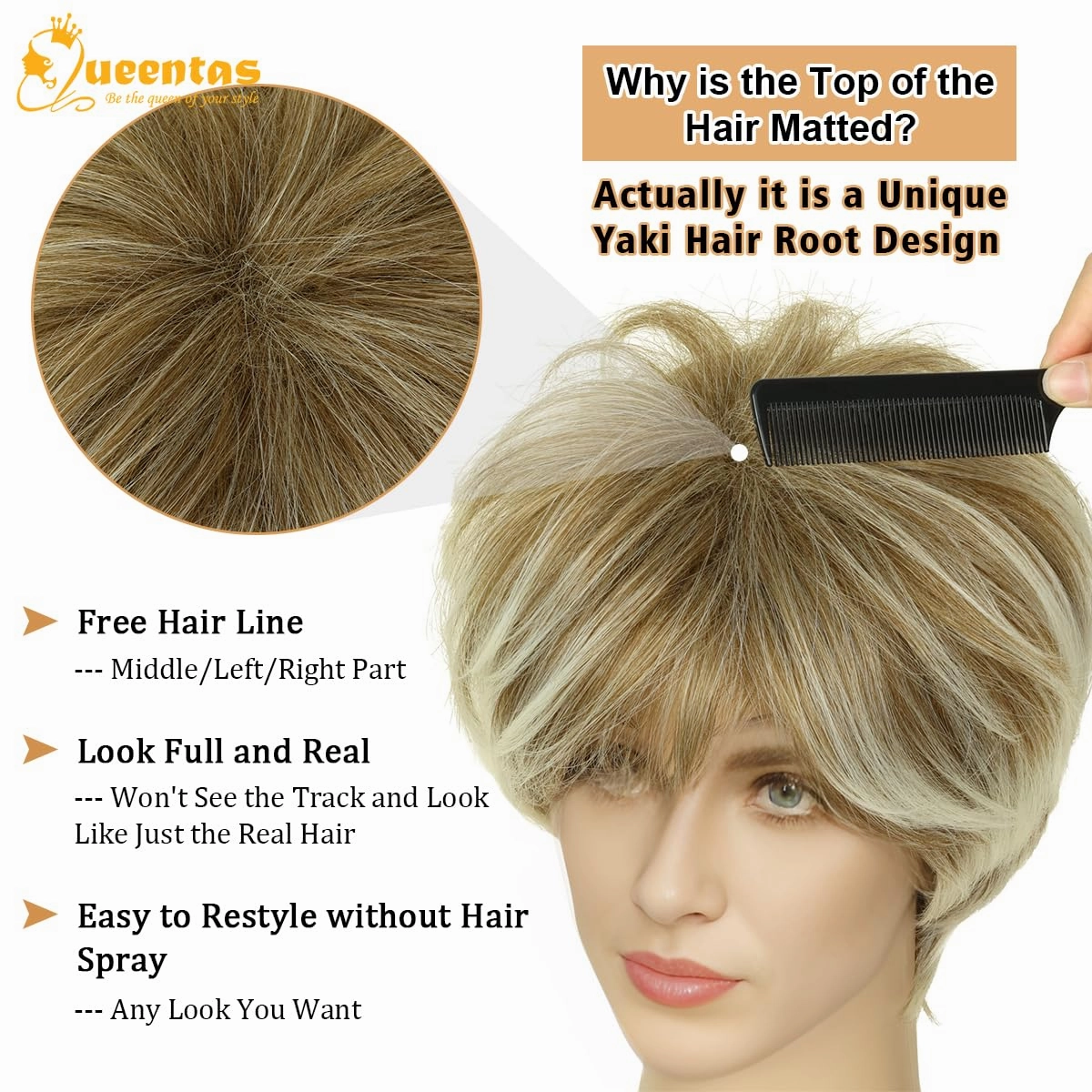 QUEENTAS Pixie Layered Short Wigs for Women Short Hair Wigs for Women Pixie Cut Wig Synthetic Hair Wig with Bangs (Blonde Mixed Brown)
