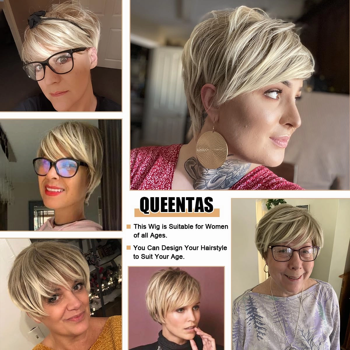 QUEENTAS Pixie Layered Short Wigs for Women Short Hair Wigs for Women Pixie Cut Wig Synthetic Hair Wig with Bangs (Blonde Mixed Brown)