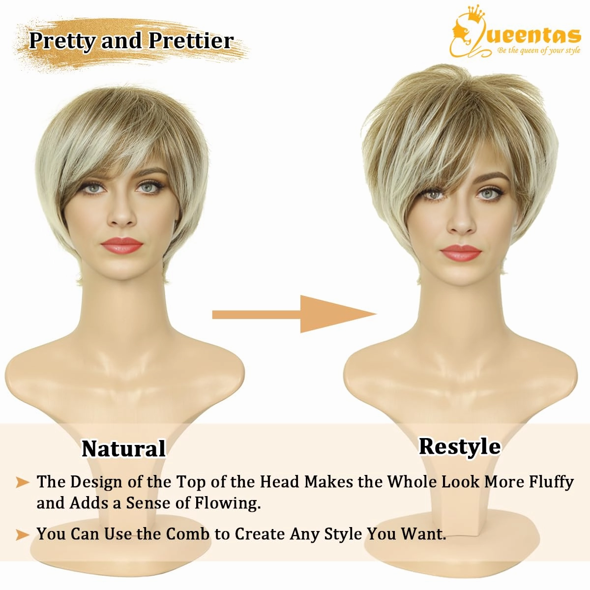 QUEENTAS Pixie Layered Short Wigs for Women Short Hair Wigs for Women Pixie Cut Wig Synthetic Hair Wig with Bangs (Blonde Mixed Brown)