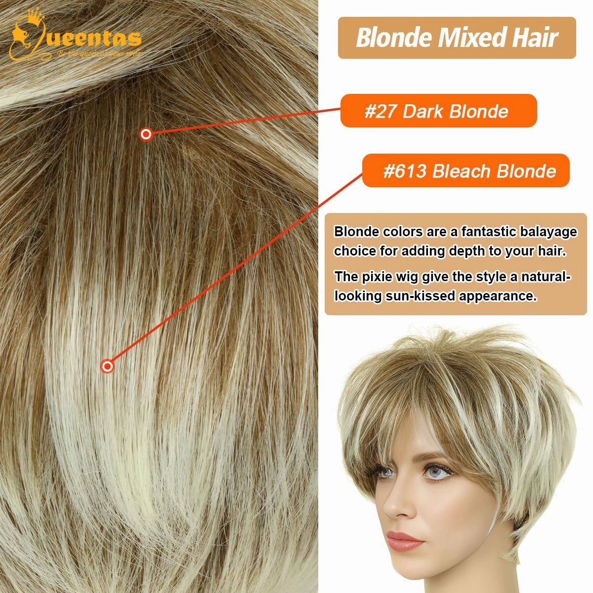 QUEENTAS Pixie Layered Short Wigs for Women Short Hair Wigs for Women Pixie Cut Wig Synthetic Hair Wig with Bangs (Blonde Mixed Brown)
