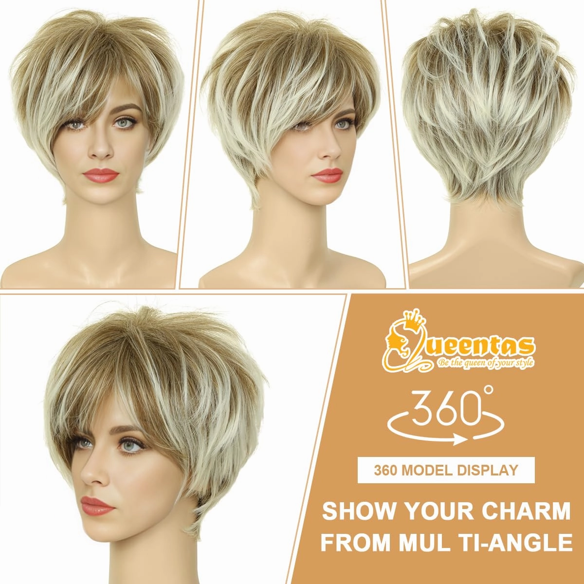 QUEENTAS Pixie Layered Short Wigs for Women Short Hair Wigs for Women Pixie Cut Wig Synthetic Hair Wig with Bangs (Blonde Mixed Brown)