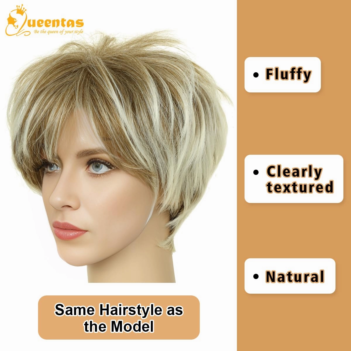 QUEENTAS Pixie Layered Short Wigs for Women Short Hair Wigs for Women Pixie Cut Wig Synthetic Hair Wig with Bangs (Blonde Mixed Brown)