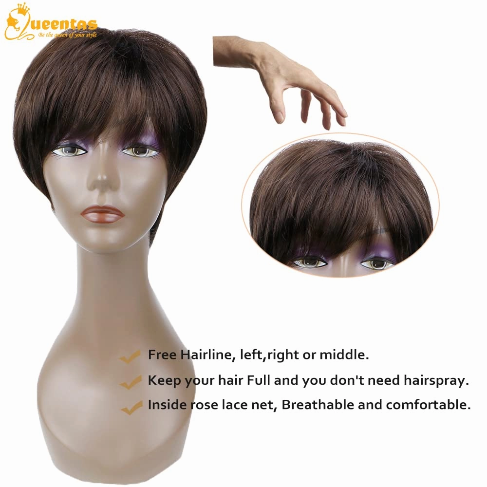 QUEENTAS Short Brown Pixie Cut Wig with Bangs Layered Straight Synthetic Short Hair Wigs for White and Black Women Daily Use(Black Cherry)