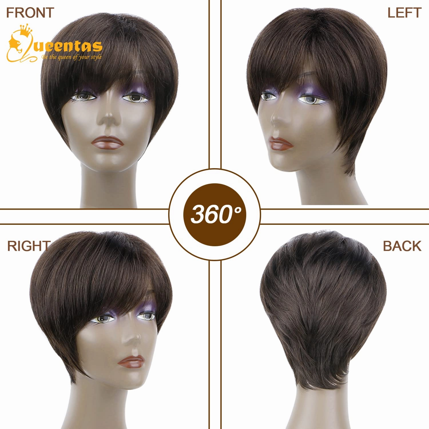 QUEENTAS Short Brown Pixie Cut Wig with Bangs Layered Straight Synthetic Short Hair Wigs for White and Black Women Daily Use(Black Cherry)