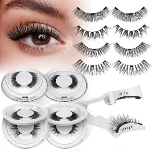 QUEWEL 4 Pairs Magnetic Eyelashes Natural Look, Reusable Magnetic Eyelashes with Applicator, No Glue Needed Lash Clusters Kit, Easy to Wear and Remove(4 Pairs-A01)