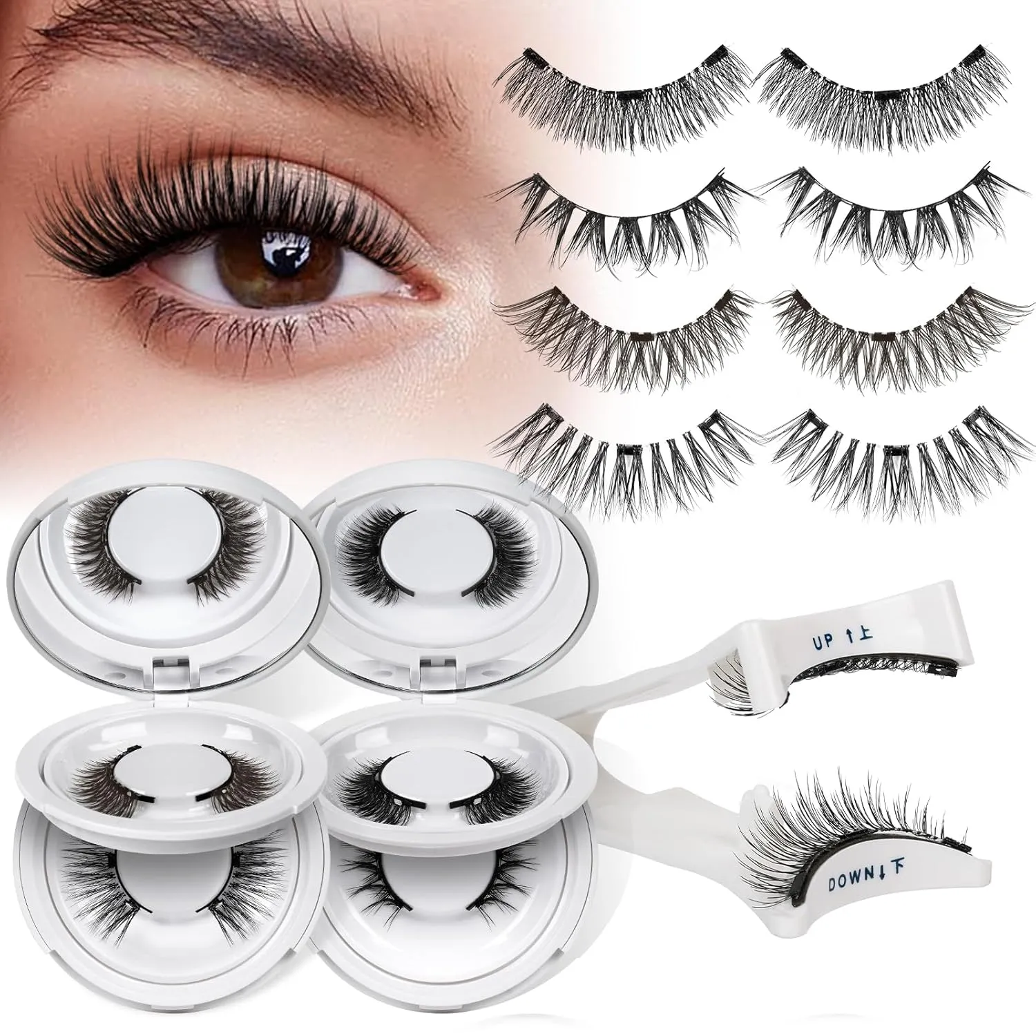 QUEWEL 4 Pairs Magnetic Eyelashes Natural Look, Reusable Magnetic Eyelashes with Applicator, No Glue Needed Lash Clusters Kit, Easy to Wear and Remove(4 Pairs-A01)