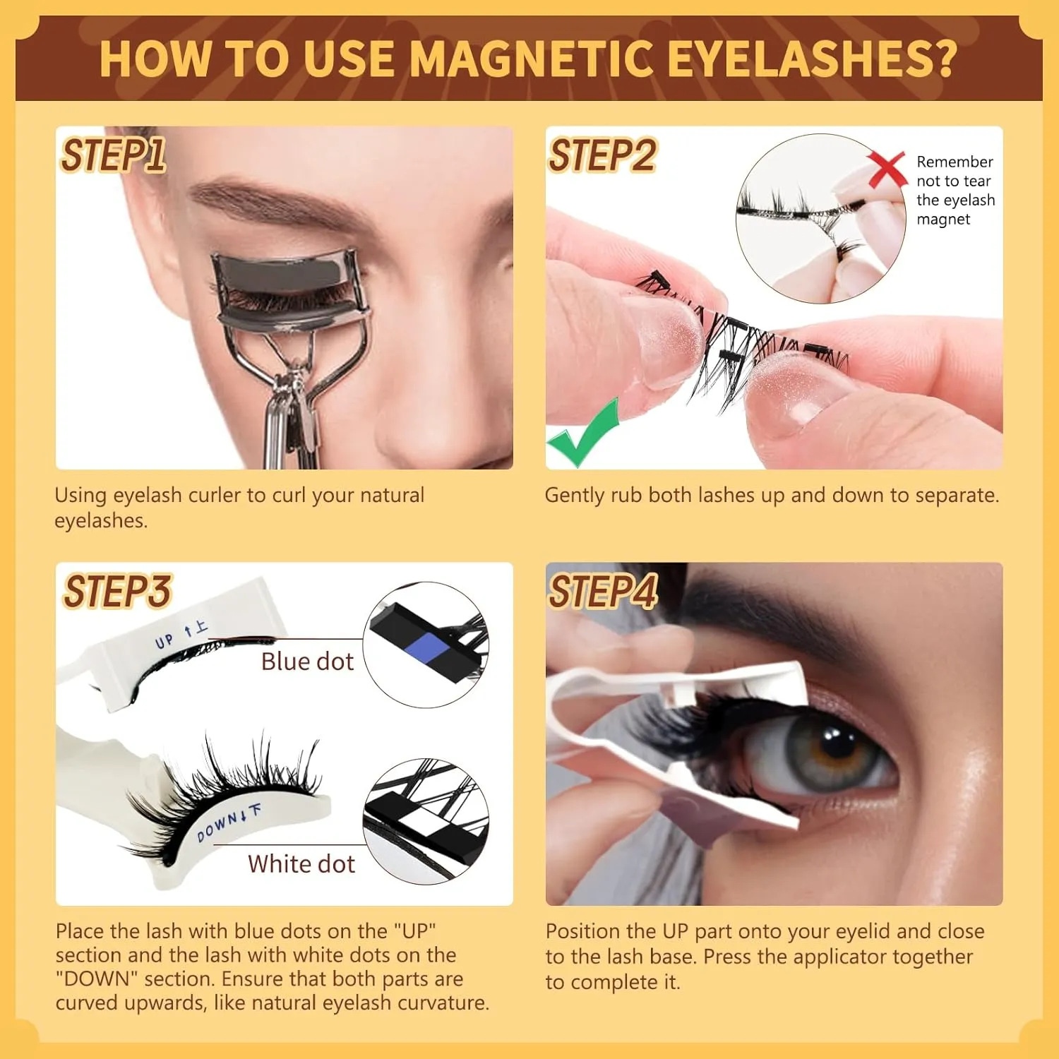 QUEWEL 4 Pairs Magnetic Eyelashes Natural Look, Reusable Magnetic Eyelashes with Applicator, No Glue Needed Lash Clusters Kit, Easy to Wear and Remove(4 Pairs-A01)