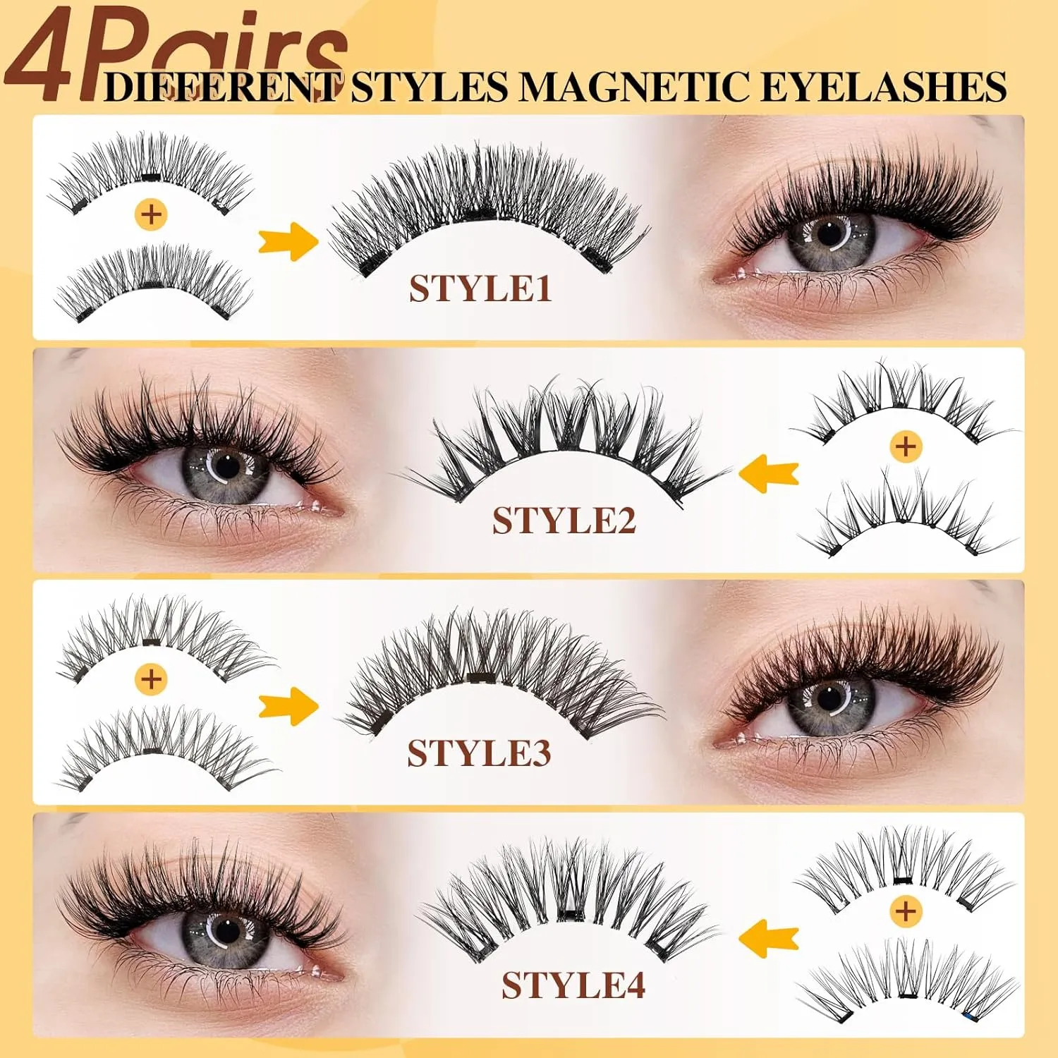QUEWEL 4 Pairs Magnetic Eyelashes Natural Look, Reusable Magnetic Eyelashes with Applicator, No Glue Needed Lash Clusters Kit, Easy to Wear and Remove(4 Pairs-A01)