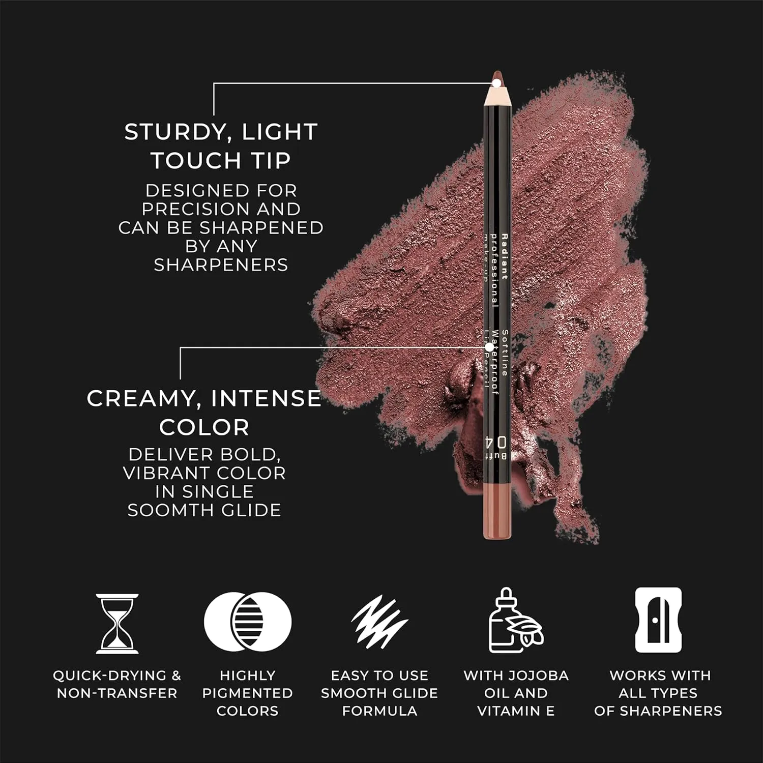 Radiant Professional Waterproof Lip Liner Pencil - Long Lasting Lip Liner for Defined Lips - Soft & Creamy Lipliner with Vitamin E - Long Lasting - 1.20 gr, (12 DARK RED)