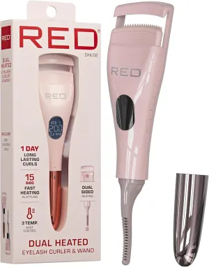 Red by Kiss Dual Heated Eyelash Curler & Wand (2-in-1), Fast Heat Mini Travel Electric Lash Curler with USB-C, Silicone Comb, LED Display, 24 Hours Long Lasting, 3 Heating Mode (Pink)