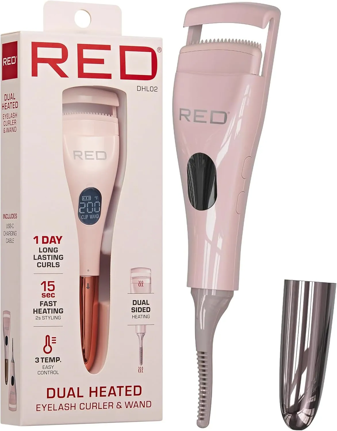 Red by Kiss Dual Heated Eyelash Curler & Wand (2-in-1), Fast Heat Mini Travel Electric Lash Curler with USB-C, Silicone Comb, LED Display, 24 Hours Long Lasting, 3 Heating Mode (Pink)