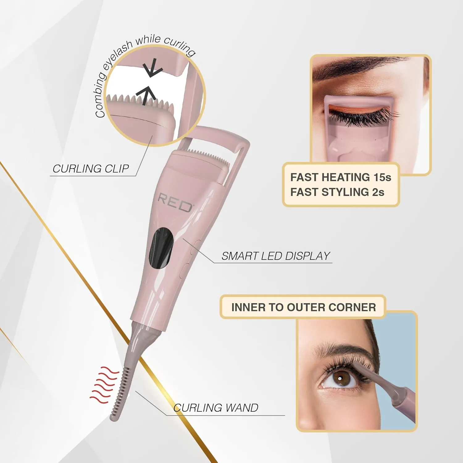 Red by Kiss Dual Heated Eyelash Curler & Wand (2-in-1), Fast Heat Mini Travel Electric Lash Curler with USB-C, Silicone Comb, LED Display, 24 Hours Long Lasting, 3 Heating Mode (Pink)