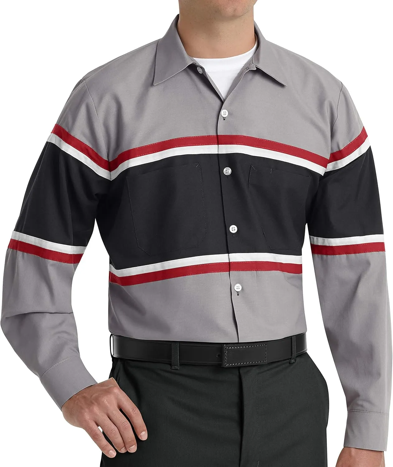 Red Kap Men's Technician Shirt, Grey/Black with Red/White, Long Large