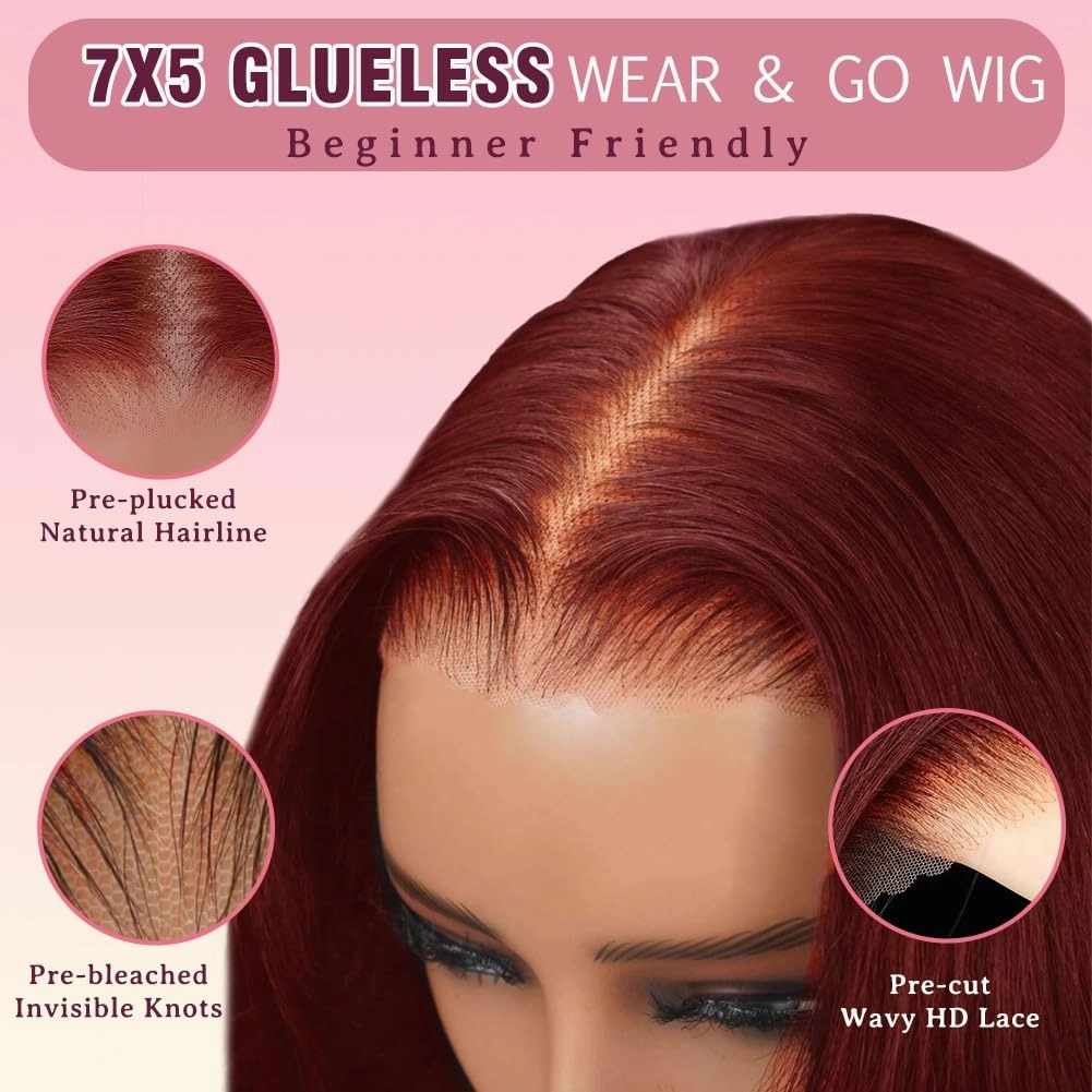 Reddish Brown Glueless Wigs 7x5 Pre Cut Closure HD Lace Human Hair Wear and Go Reddish Brown Lace Front Wigs Human Hair 180% Density 28inch Copper Human Hair Wig