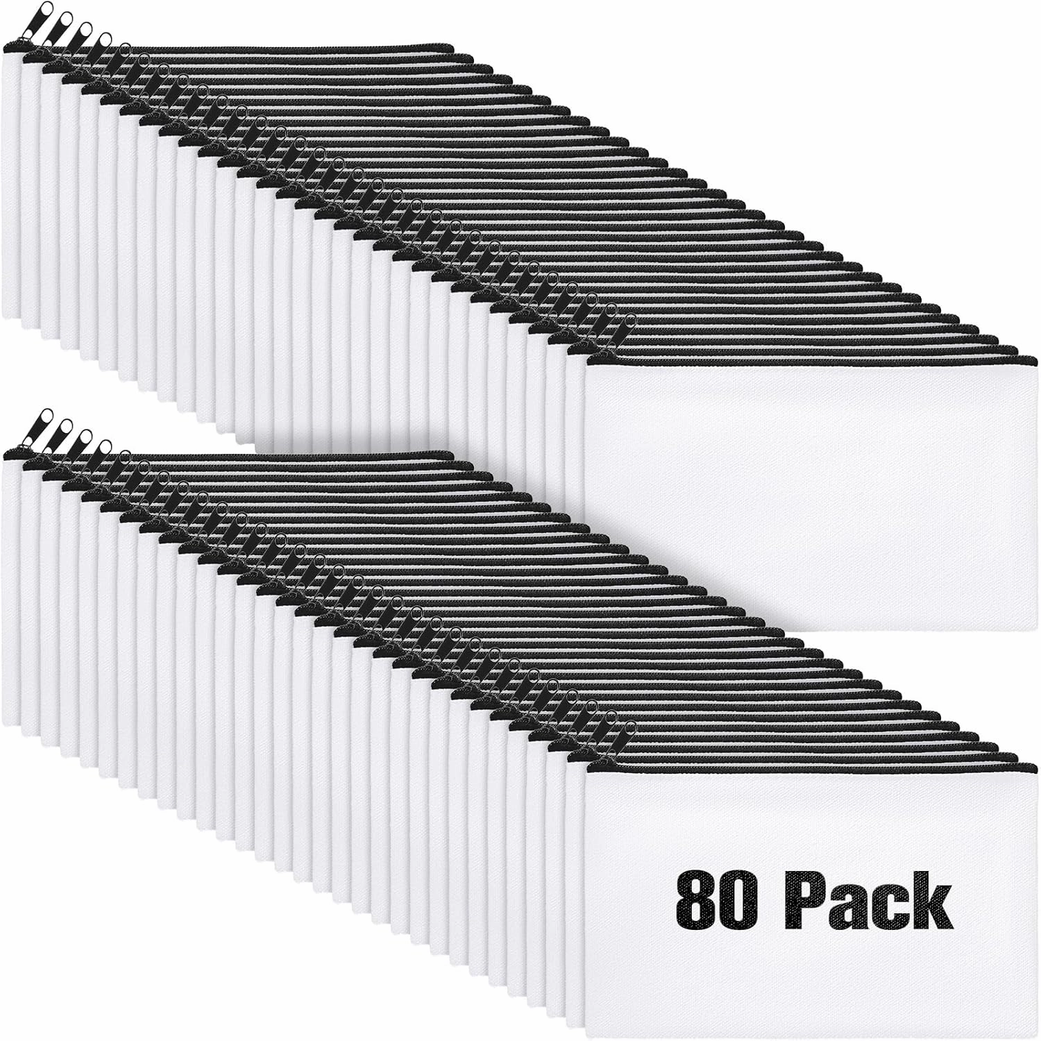 Reginary 80 Pack Canvas Zipper Makeup Bags Bulk Pencil Pouches Blank DIY Craft Canvas Cosmetic Bag Pouch with Zipper for Makeup Cosmetic Toiletry Stationary Storage(White and Black Zippers)