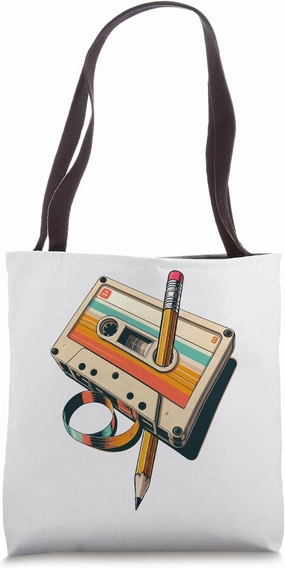 Retro Cassette Tape & Pencil Rewind Nostalgia Party 80s 90s Tote Bag