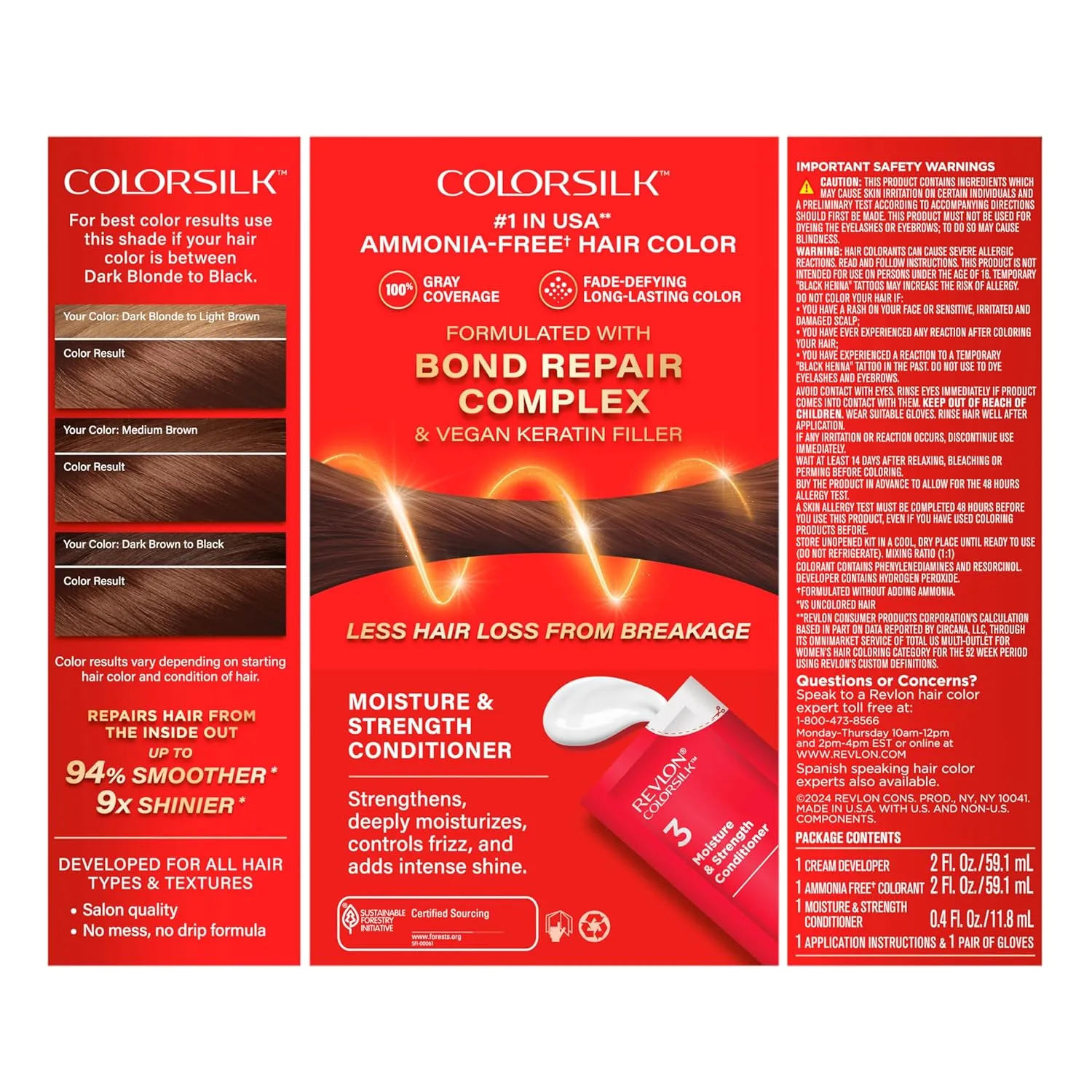 Revlon ColorSilk with Bond Repair Complex, Brown Permanent Hair Color, 100% Gray Coverage, Ammonia Free Hair Dye, Vegan Keratin, 47 Medium Rich Brown (Pack of 3)