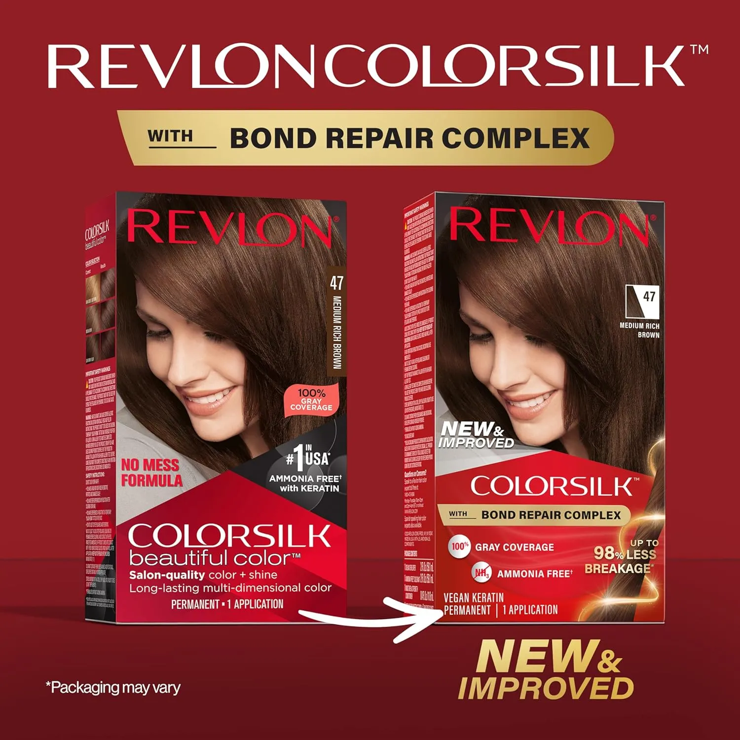 Revlon ColorSilk with Bond Repair Complex, Brown Permanent Hair Color, 100% Gray Coverage, Ammonia Free Hair Dye, Vegan Keratin, 47 Medium Rich Brown (Pack of 3)