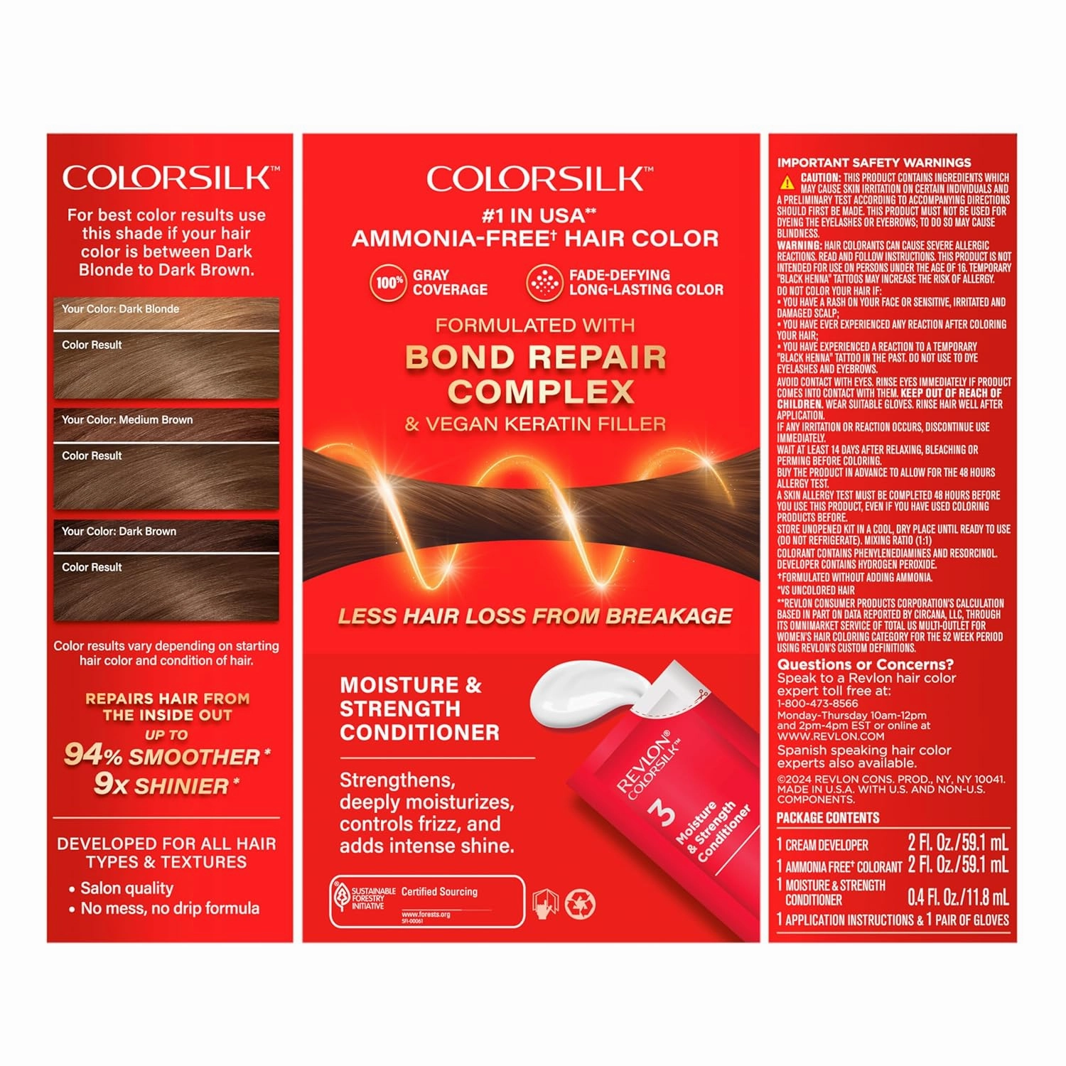 Revlon ColorSilk with Bond Repair Complex, Brown Permanent Hair Color, 100% Gray Coverage, Ammonia Free Hair Dye, Vegan Keratin, 50 Light Ash Brown (Pack of 3)