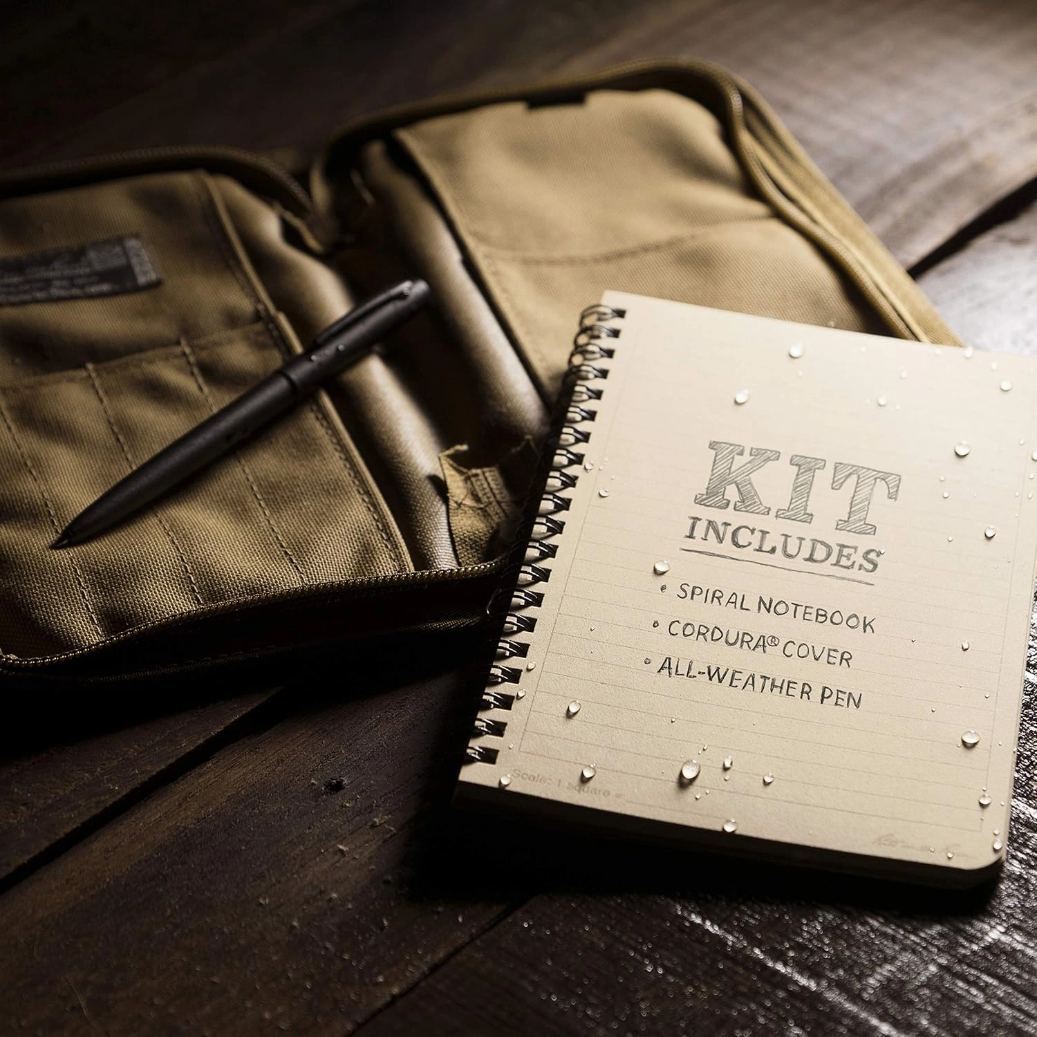 Rite in the Rain Weatherproof Side Spiral Kit: Tan CORDURA® Fabric Cover, 4.625" x 7" Tan Notebook, and Weatherproof Pen (No. 973T-KIT)