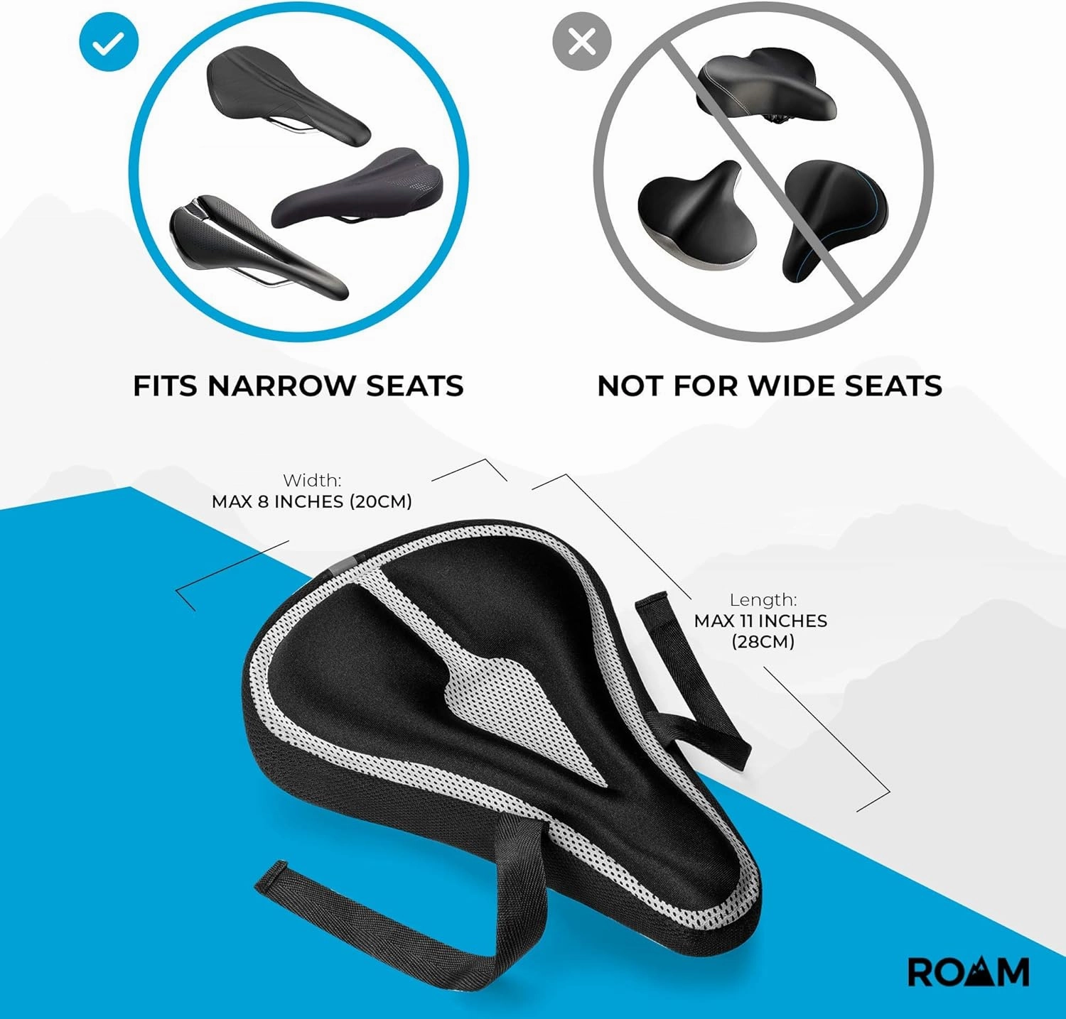 Roam - Seat Cushion Cover - Comfort Gel Pad for Mountain, Exercise & Road Bikes - Waterproof Protection for Men & Women - Black