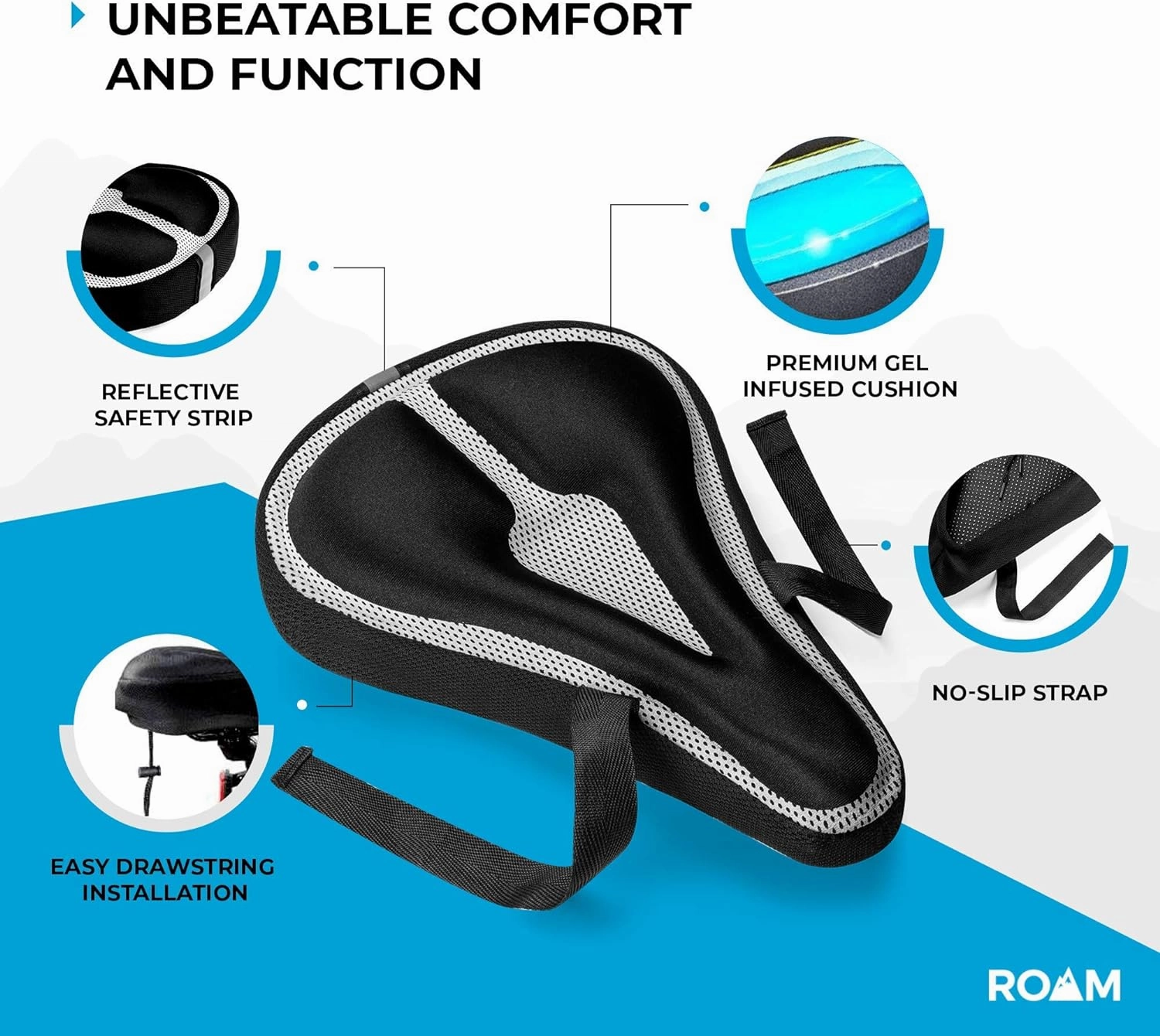 Roam - Seat Cushion Cover - Comfort Gel Pad for Mountain, Exercise & Road Bikes - Waterproof Protection for Men & Women - Black