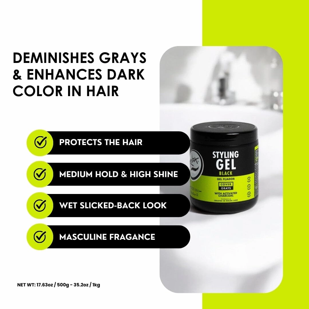 Rolda Black Styling Hair Gel - Medium To Strong Hold With Medium Shine For a Wet Slicked Back Look With All Day Hold - Activated Black Charcoal Covers Grey Hair Instantly 17.6oz