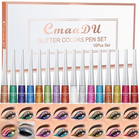 ROPALIA 16 Colors Liquid Glitter Eyeliner Set, Metallic Shimmer Eyeshadow Eyeliner, Waterproof Long Lasting High Pigmented Sparkling Eyeliner Kit for Party Festival Makeup