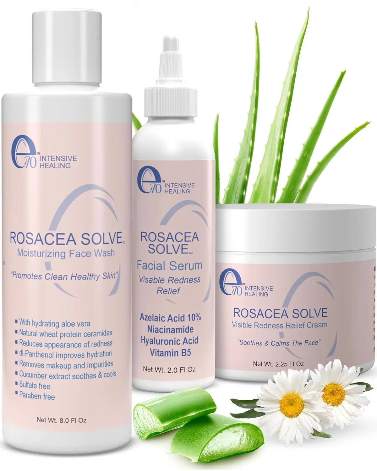Rosacea Solve Skincare Set for Women & Men - Gentle Face Wash, Rosacea Cream & Face Serum for Skin Redness - Day & Night Hydrating Facial Cleanser & Sensitive Skin Moisturizer by e70