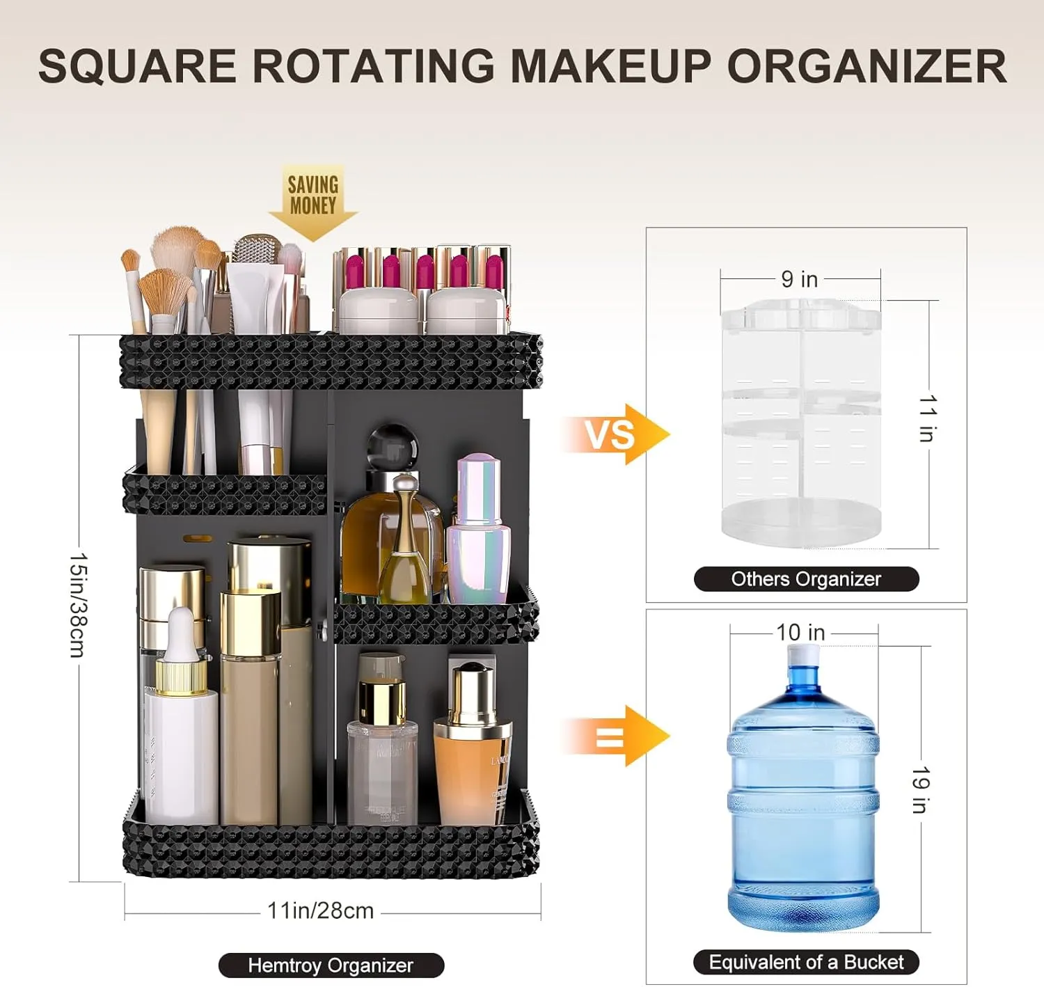 Rotating Makeup Organizer with Makeup Brush Holder, Large Capacity Perfume Organizer for Vanity Countertop, Acrylic Skincare Organizers Spinning Holder Storage Rack (Black)