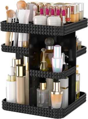 Rotating Makeup Organizer with Makeup Brush Holder, Large Capacity Perfume Organizer for Vanity Countertop, Acrylic Skincare Organizers Spinning Holder Storage Rack (Black)