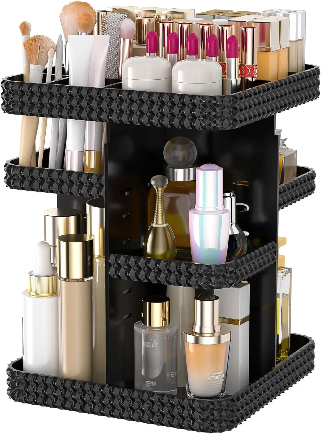 Rotating Makeup Organizer with Makeup Brush Holder, Large Capacity Perfume Organizer for Vanity Countertop, Acrylic Skincare Organizers Spinning Holder Storage Rack (Black)