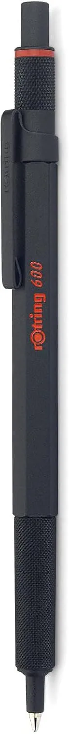 rOtring 600 Retractable Metal Ballpoint Pen, Medium Point, Black Ink, Black Barrel, Great Gift for Coworker