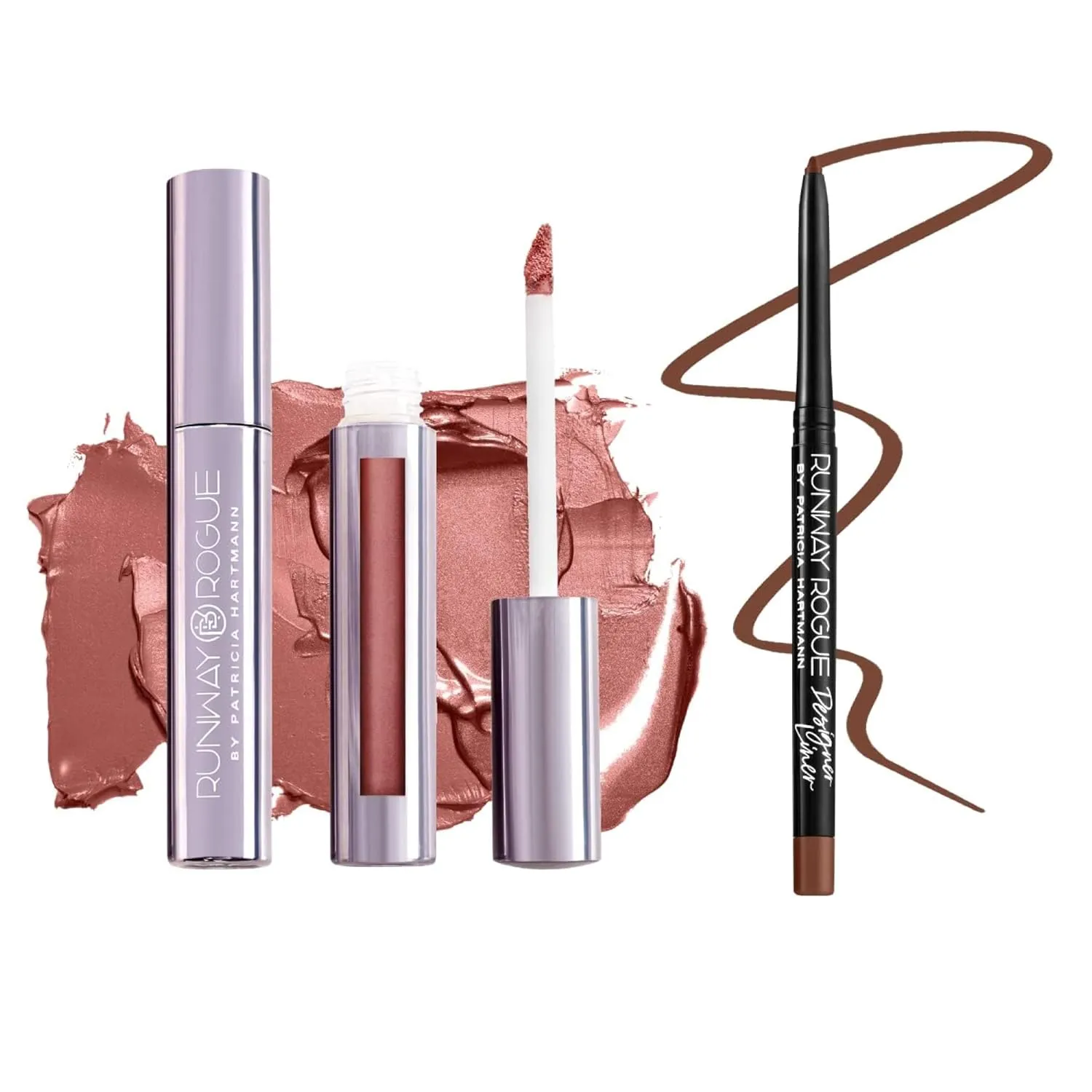 Runway Rogue ‘Sex Symbol’ Frosted Maple Brown-Sugar Silk Glam Long Wear Liquid Lipstick Bundle with ‘Trendsetter’ Matte Soft-Mocha Designer Liner Lip Liner