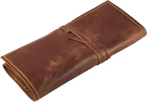 Rustic Genuine Leather Pencil Roll - Pen and Pencil Case - Dark Brown