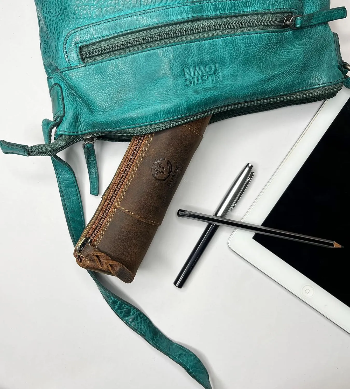 Rustic Town Leather Pencil Case - Full Grain Leather Zippered Pen Pouch - Stationery Bag Pen Holder for Work & Office