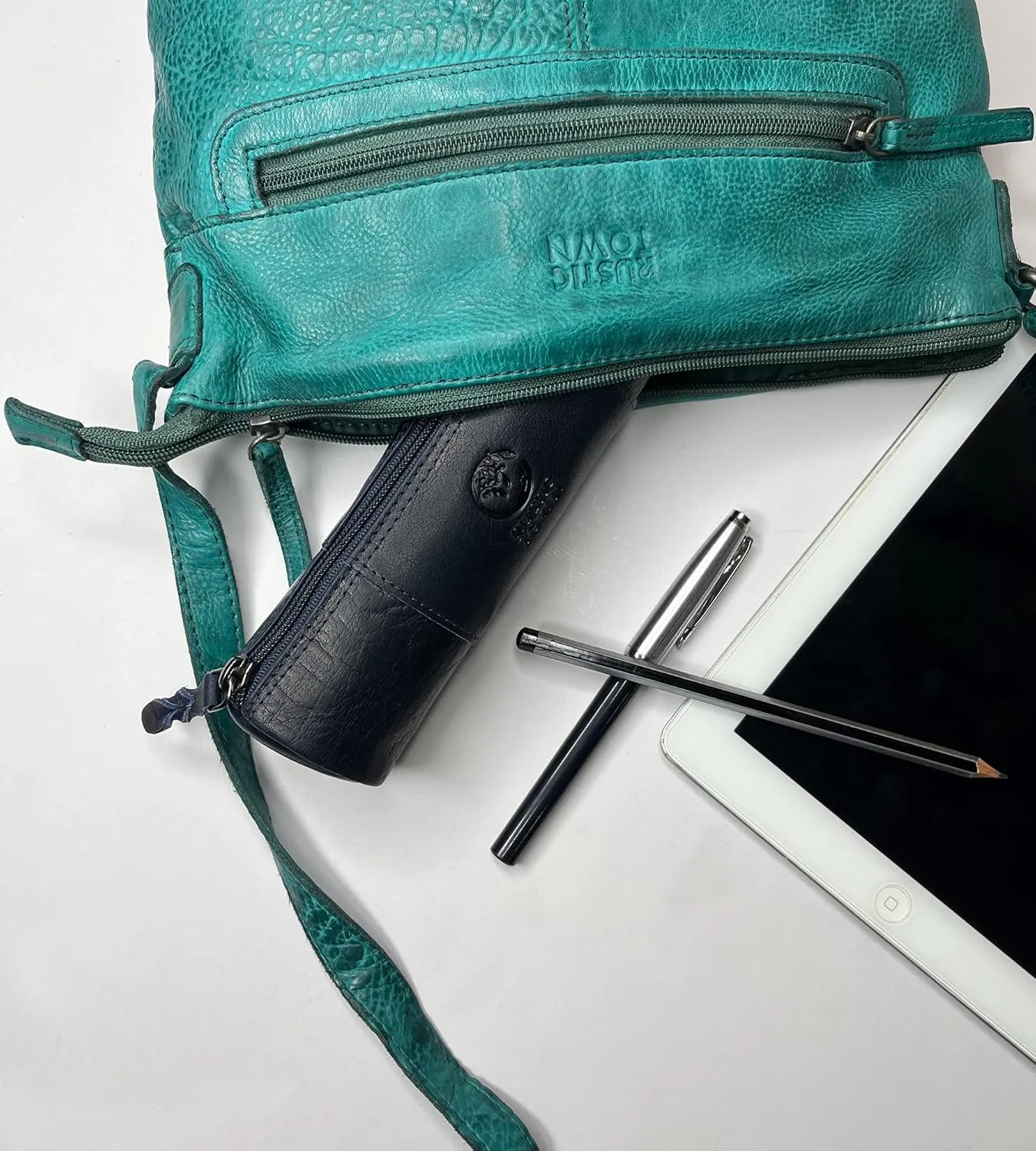Rustic Town Leather Pencil Case - Full Grain Leather Zippered Pen Pouch - Stationery Bag Pen Holder for Work & Office